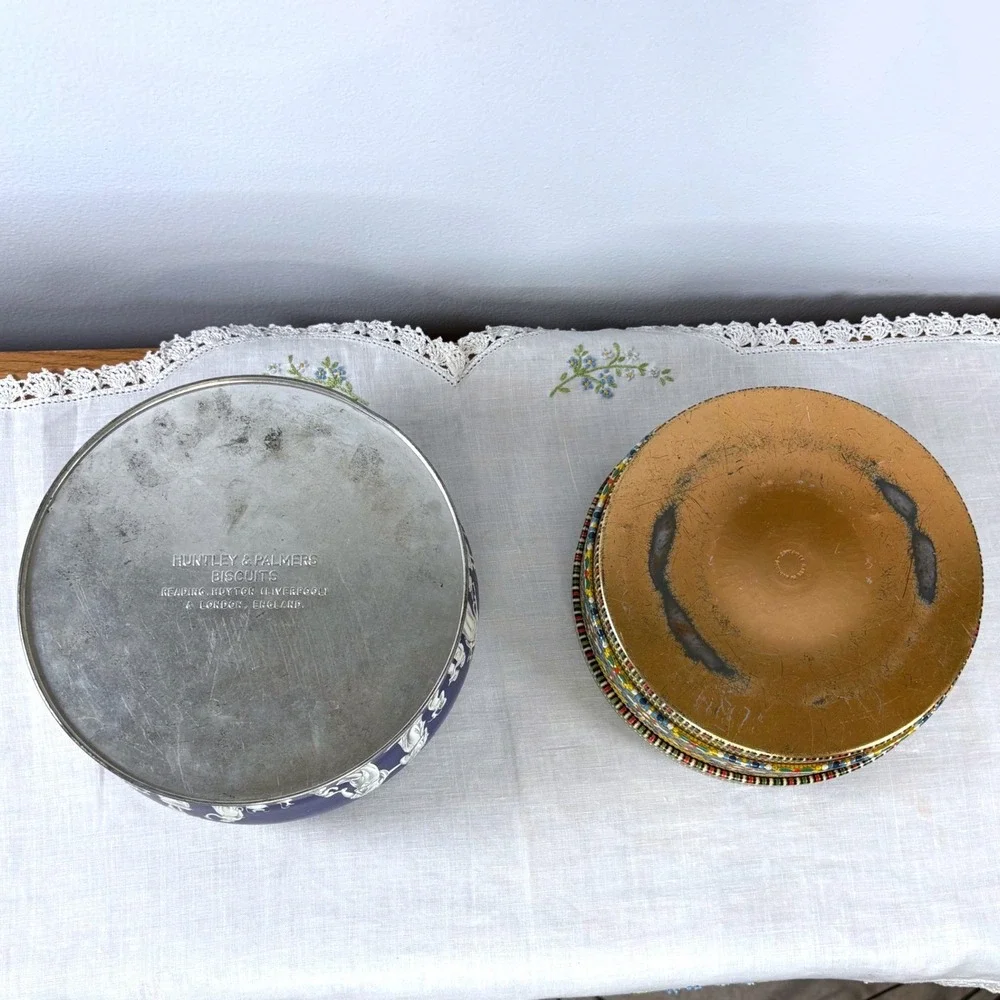 Vintage Huntley & Palmers Blue Jasperware Style & Holland Floral Tin Set of 2
